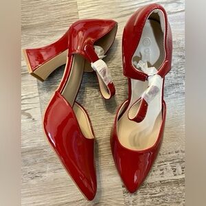 Red Chunky High Heel Shoes Pointed Toe, Ankle strap, Leather Upper Woman's 9 M